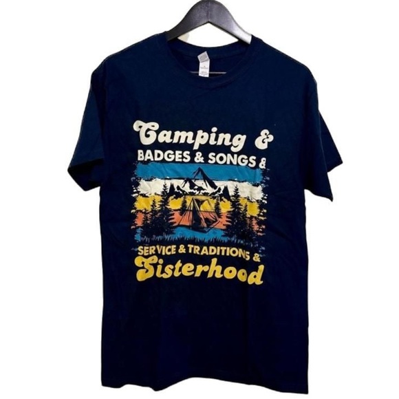 M&O Gold Tops - Girl Scouts Blue Camping Badges Traditions Sisterhood Tee